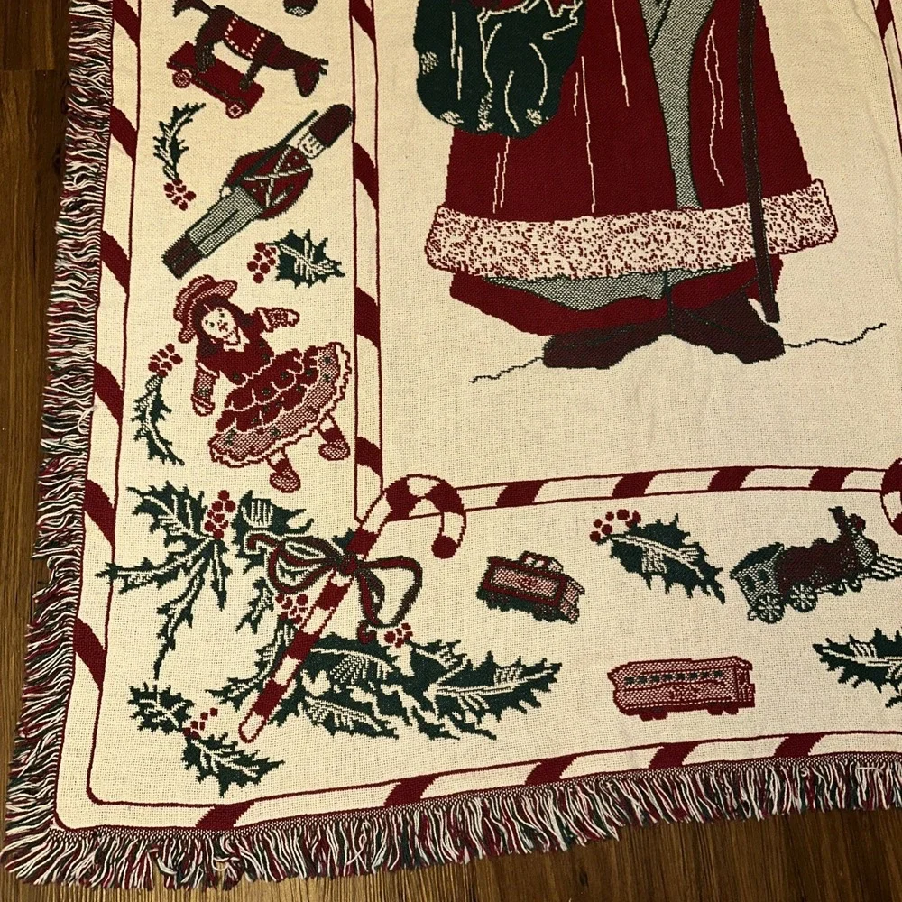 Christmas Holiday Reversible Throw Blanket Woven Tapestry Santa Claus 48x72 VTG